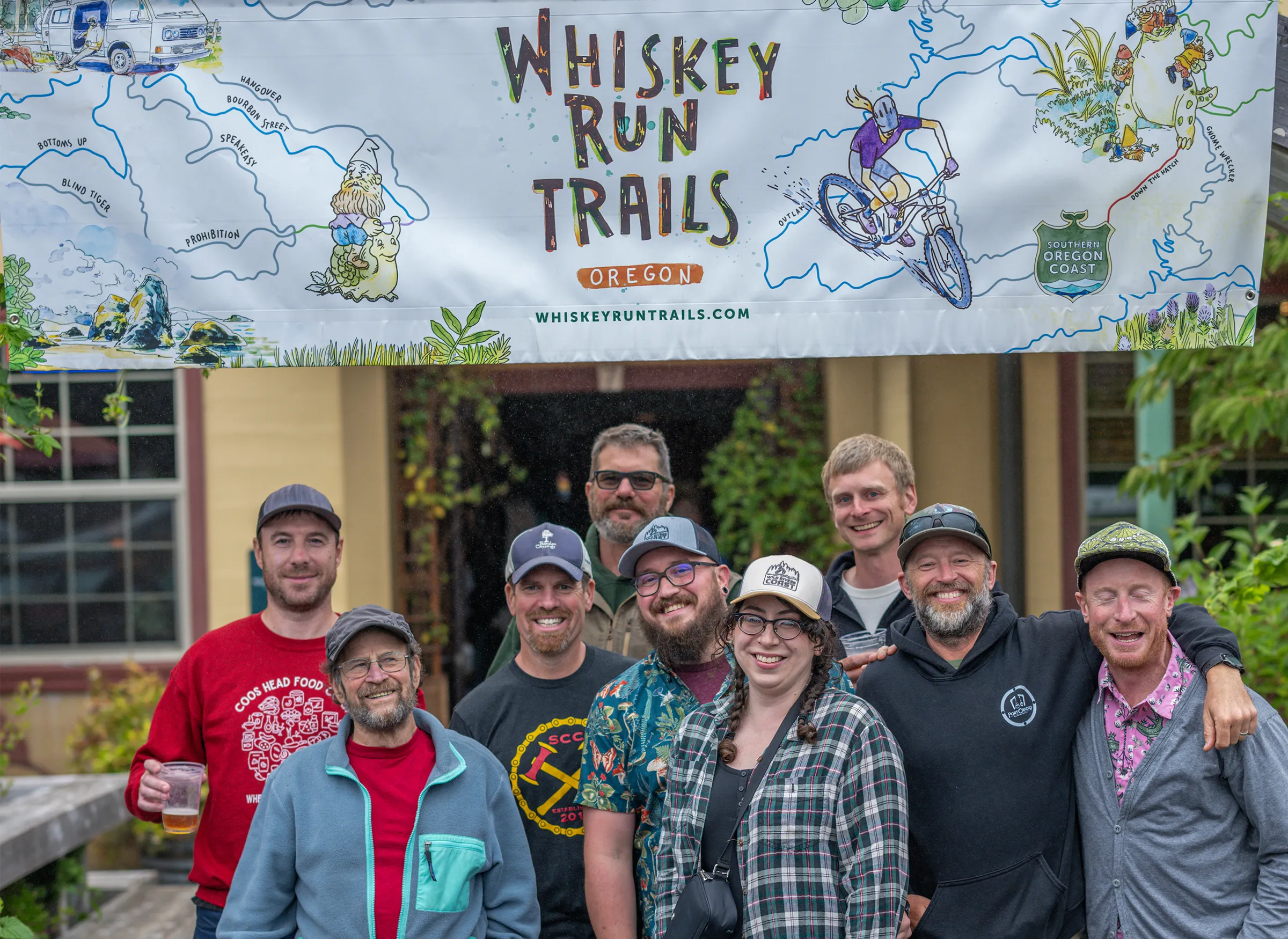 The Ride the Dirt Wave and Wild Coast Trails community gathered under the Whiskey Run Trails banner at the 7 Devils Gnome Wrecker IPA release party